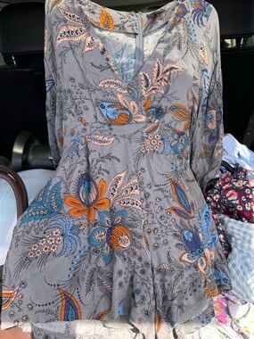 Floral V-Neck Gray romper with Blue & Orange Accents